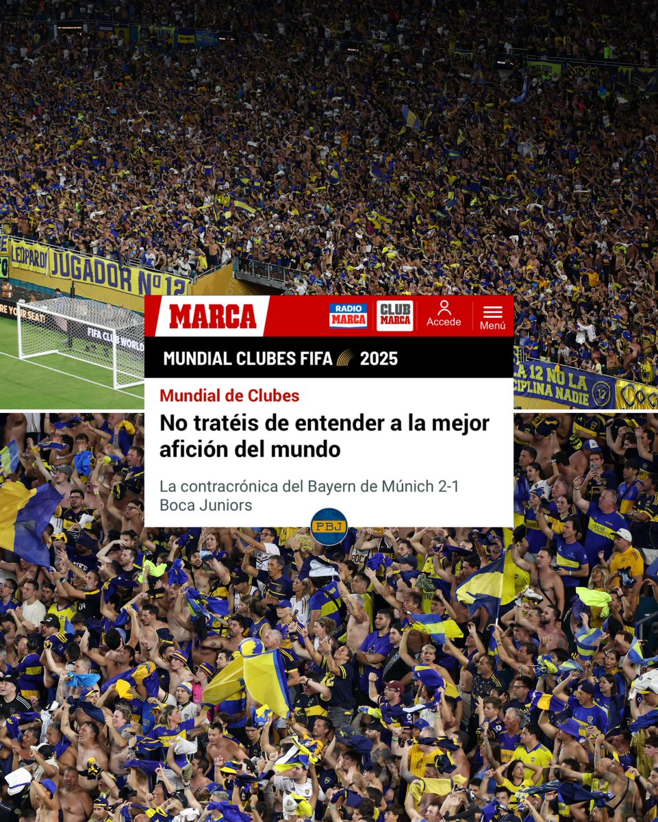 "LA MEJOR HINCHADA DEL MUNDO ES LA DE BOCA"

🇪🇸 Marca, uno de los medios deportivos más reconocidos de Europa, armó un artículo sobre lo que está generando la hinchada de Boca en el Mundial de Clubes 2025.

🗣️ "Lo de afición de Boca Juniors es para estudio. Una afición que sabe