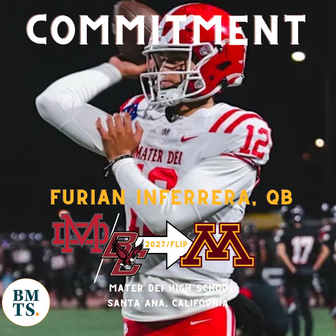 Tony Liebert (@tonyliebert) on Twitter photo BREAKING: 3🌟 2027 (Santa Ana, CA) Furian Inferrera (<a href="/FurianInferrera/">Furian Inferrera</a>) has verbally flipped his commitment from Boston College to Minnesota.
He's currently ranked as the 458th OVR player in the class, which would be the fourth-highest-ranked QB to sign under Fleck. BREAKING: 3🌟 2027 (Santa Ana, CA) Furian Inferrera (<a href="/FurianInferrera/">Furian Inferrera</a>) has verbally flipped his commitment from Boston College to Minnesota.
He's currently ranked as the 458th OVR player in the class, which would be the fourth-highest-ranked QB to sign under Fleck.