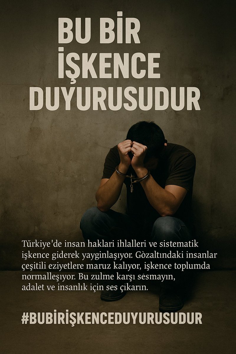 Muallim Cengiz (@muallim_cengiz) on Twitter photo Gözaltında kaybedilen bedenler, susan kameralar, işkence altında alınan ifadeler ve görmezden gelen yargı… Bu sessizlik suçun ortağıdır. İnsan hakları bir tercihten değil, bir zorunluluktan ibarettir.
BuBirİşkence Duyurusudur
Tel Aviv'de #yks25
Nihal Candan
<a href="/adalet_bakanlik/">T.C. Adalet Bakanlığı</a> Gözaltında kaybedilen bedenler, susan kameralar, işkence altında alınan ifadeler ve görmezden gelen yargı… Bu sessizlik suçun ortağıdır. İnsan hakları bir tercihten değil, bir zorunluluktan ibarettir.
BuBirİşkence Duyurusudur
Tel Aviv'de #yks25
Nihal Candan
<a href="/adalet_bakanlik/">T.C. Adalet Bakanlığı</a>