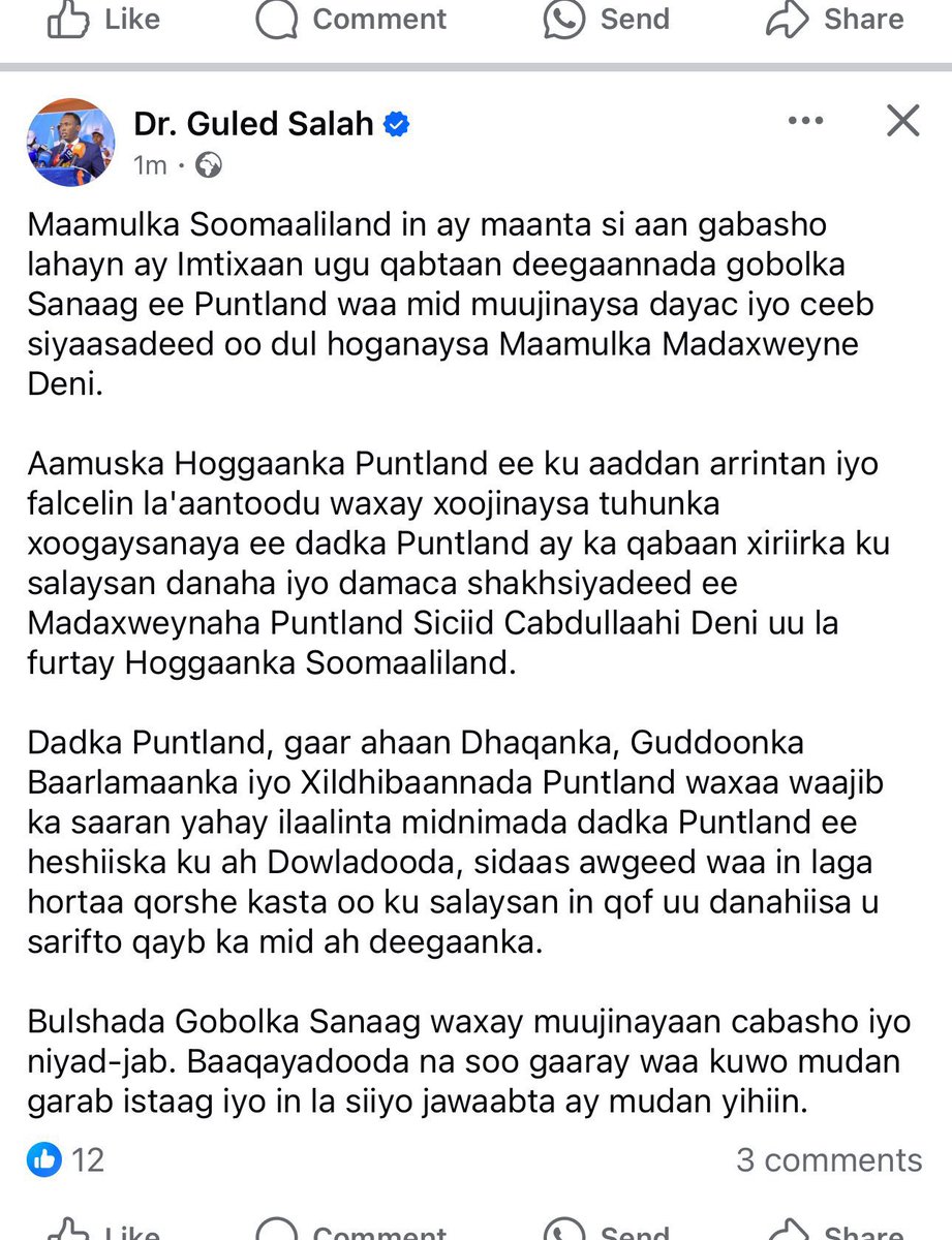 Waa iclaamin dagaal uu dani  kula jiro shacabka PL !!! Taas hadaan maanta  wax laga qaban waa arin halis teeda leh  yaan lagu aminin xukuumada ragga haysta .