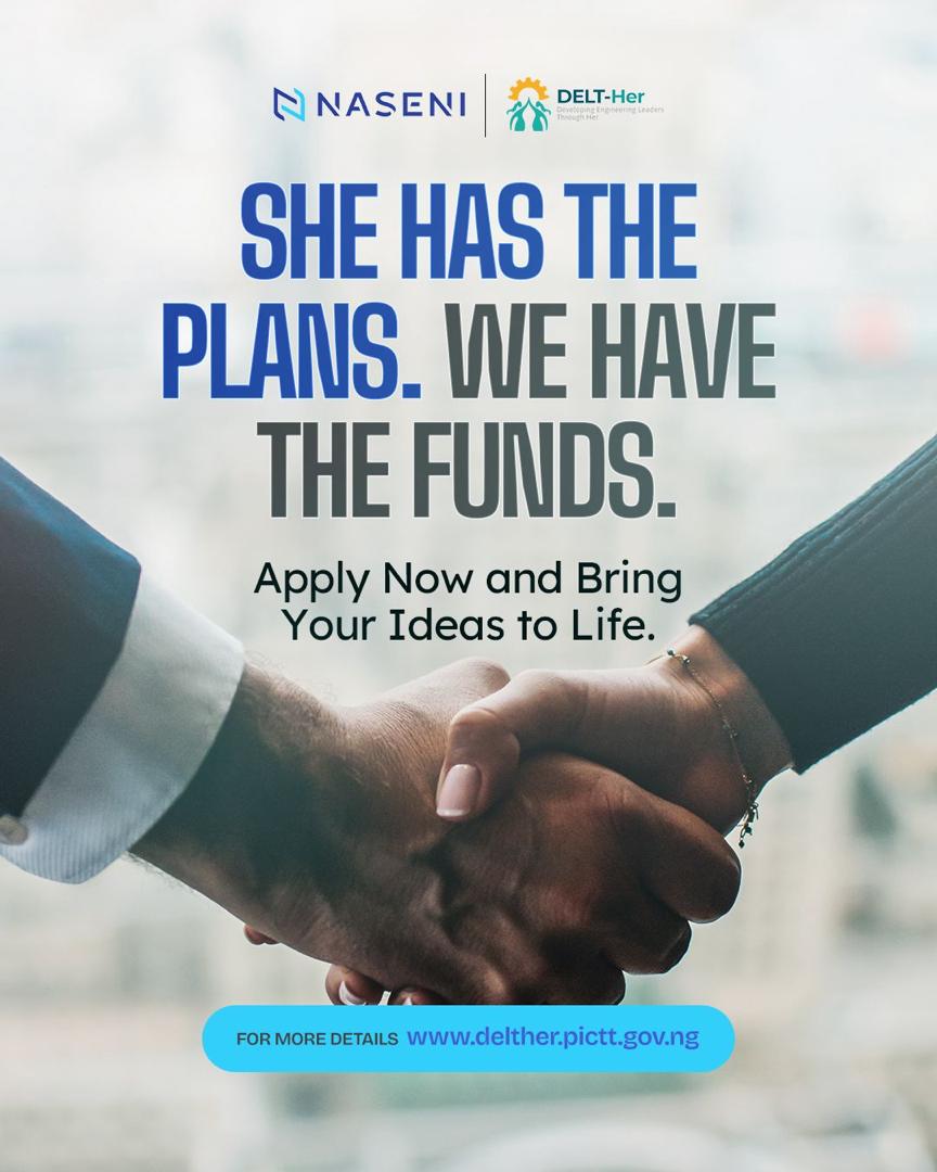She Has The Plans. We have The Funds.

Apply now and bring your ideas to life: delther.pictt.gov.ng 

#DELTHer2 #WomenInSTEM #CallForProposals