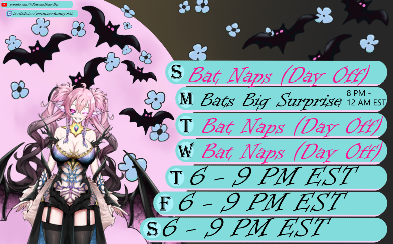 HoneyBatVT's tweet photo. Hello #LittleBats! I love you guys so much for being around. Here's the newest #StreamSchedule
I'm feeling a little wild this week so I don't want to schedule any particular game. We might do #AleAndTaleTavern, some simulation gaming, random spooks, who knows.
#Vtuber
#streamer https://t.co/mN9YCLGfXC