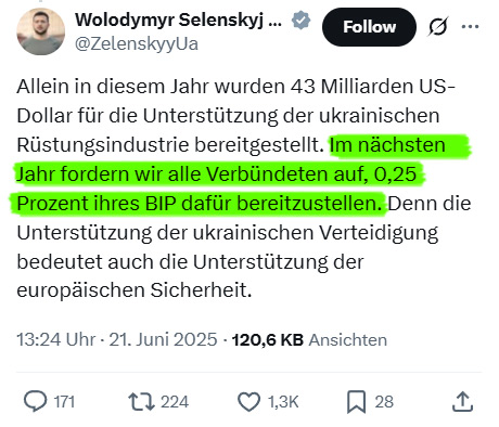 Damit der Ukrainekrieg auch nächstes Jahr fortgesetzt werden kann, fordert Selenskij 0,025% des BIP seiner Verbündeten, also z.B. von den USA $69Mrd. und von Deutschland 11Mrd.€, also über $80Mrd., was 2x so viel ist, wie er 2025 von allen bekommen hat.🤡
bloomberg.com/news/articles/…