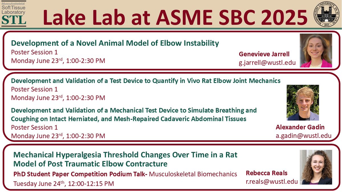We are SO excited for ASME SBC tomorrow🎉 Come check out our posters by undergraduates Genevieve Jarrell and Alexander Gadin and a podium talk by PhD candidate Rebecca Reals!