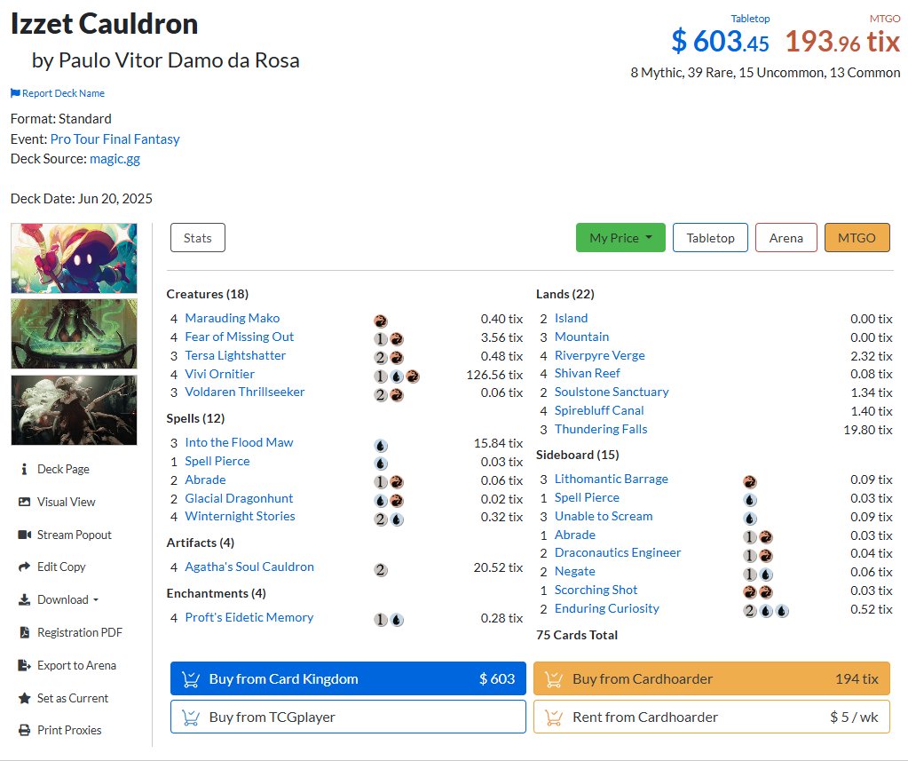 Split finals of the standard challenge with UR Cauldron. Only lost in the mirror to <a href="/Karatedom10/">Dominick Paolercio</a> who went undefeated! Deck is fun👍

R1: BW Pixie ✖️✔️✔️
R2: UR ✔️✔️
R3: UR ✔️✔️
R4: UR Cauldron ✖️✖️
R5: GB Beans ✔️✔️
R6: MonoR ✔️✔️

QF: UR ✔️✔️
SF: GB Beans ✔️✔️
F: Split ➖➖