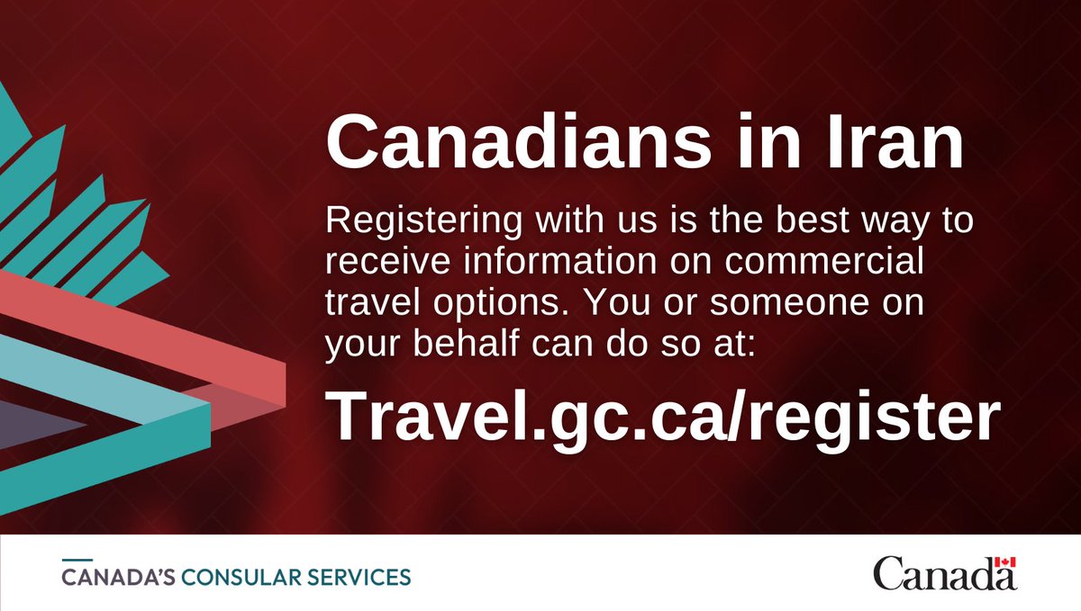 1/2 Canadians interested in receiving assistance from the borders of #Iran, for either ground transportation or onward commercial air travel, should register with us at Travel.gc.ca/register