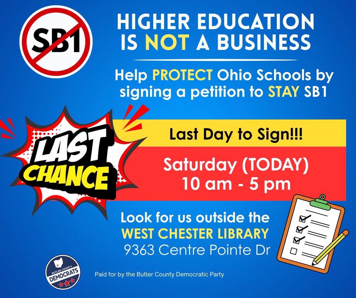 HURRY! Today is the LAST DAY to sign the petition to help protect Ohio higher education! 

If you haven’t signed the SB1 petition yet, there is a drive-through option at the West Chester Library (MidPointe) TODAY between 10 am -5 pm. Hope to see you there!
