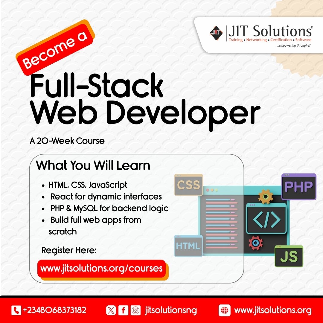 jitsolutionsng's tweet image. Learn in-demand tech skills at JITSolutions!
From Web &amp;amp; App Dev to Cybersecurity, Data Science, Product Design &amp;amp; more — get expert-led, hands-on training with certification.

🎓 Digital Certs | 🧑‍🏫 Live Classes | 💼 Job Support

👉 jitsolutions.org/courses

#JITSolutions #TechSkill