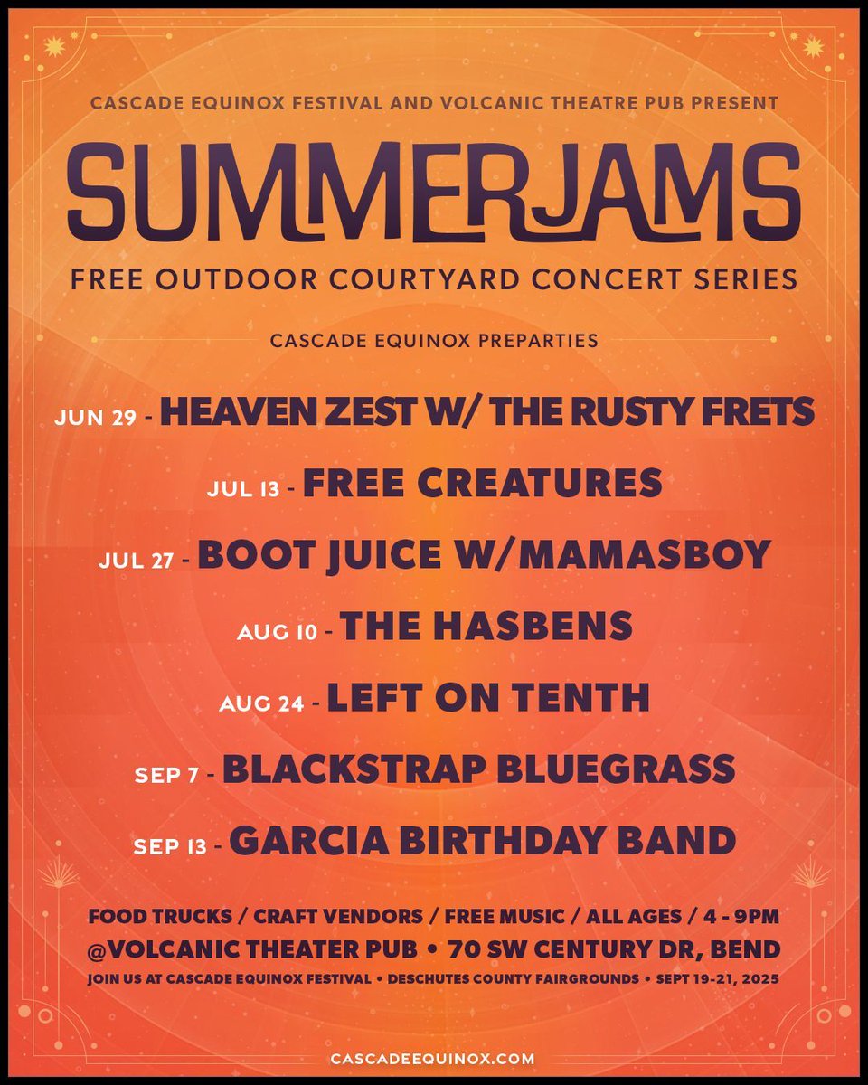 🎶 Summer Jams is back for year three! ☀️

Free outdoor concerts from regional artists, tasty food trucks, craft vendors, AND a chance to snag fee-free tickets to Cascade Equinox 2025? Sign us up! 😎 

🎟️ Meet us at Volcanic Theatre Pub and let the summer vibes roll!