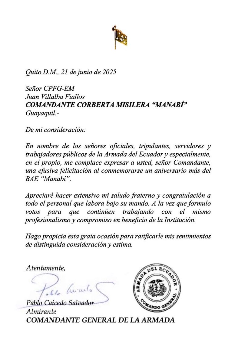 ⚓🚢 Aniversario del BAE “Manabí”

El señor. ALM Pablo Caicedo Salvador, Comandante General de la Armada, en nombre de quienes conformamos esta noble Institución, saluda con orgullo al valiente personal del BAE “Manabí”, al conmemorar un nuevo aniversario de servicio al país,