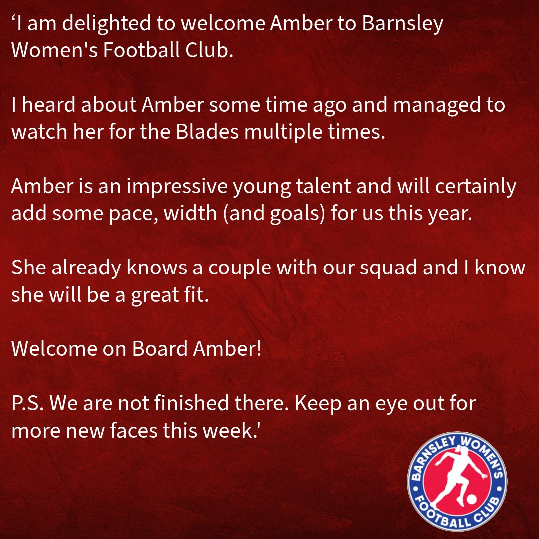 Barnsley Women’s Football Club (@barnsleywfc) on Twitter photo Manager <a href="/CraigeIR/">Craige Richardson</a> gives his thoughts on the arrival of Amber Sewell.
#youreds #barnsleywfc #bwfc #youreds Manager <a href="/CraigeIR/">Craige Richardson</a> gives his thoughts on the arrival of Amber Sewell.
#youreds #barnsleywfc #bwfc #youreds