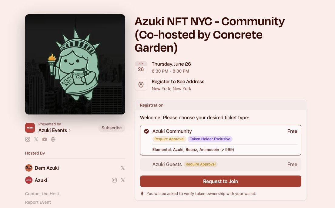 Dem ⛩️ anime.xyz (@demazuki) on Twitter photo hosting community-only at our new office in NYC for NFT NYC (June 26th)
spots are very limited and co-host <a href="/AzukiNYC/">ConcreteGarden 🗽⛩️</a> members get first spots, but if you are traveling to NYC hit me up and let's try to get you a spot
THIS IS ONLY FOR AZUKI/ELEMENTAL/BEANZ COMMUNITY MEMBERS hosting community-only at our new office in NYC for NFT NYC (June 26th)
spots are very limited and co-host <a href="/AzukiNYC/">ConcreteGarden 🗽⛩️</a> members get first spots, but if you are traveling to NYC hit me up and let's try to get you a spot
THIS IS ONLY FOR AZUKI/ELEMENTAL/BEANZ COMMUNITY MEMBERS