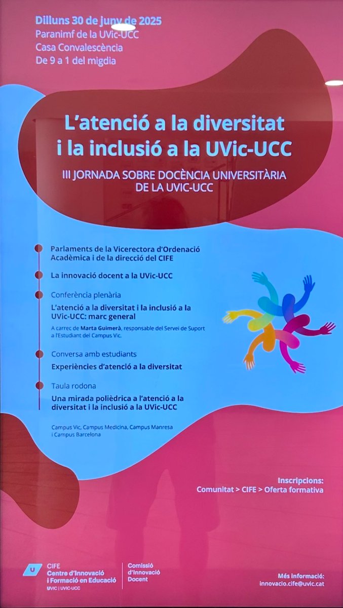 CIFE - Centre d'Innovació i Formació en Educació (@uvic_cife) on Twitter photo El proper dilluns 30 de juny reflexionarem sobre l’atenció a la diversitat i la inclusió a la universitat amb el PDI de la <a href="/uvic_ucc/">UVic-UCC</a> dins del marc de la Jornada sobre docència universitària que organitzem cada any des del <a href="/uvic_cife/">CIFE - Centre d'Innovació i Formació en Educació</a>.
#programaformatpdiuvic El proper dilluns 30 de juny reflexionarem sobre l’atenció a la diversitat i la inclusió a la universitat amb el PDI de la <a href="/uvic_ucc/">UVic-UCC</a> dins del marc de la Jornada sobre docència universitària que organitzem cada any des del <a href="/uvic_cife/">CIFE - Centre d'Innovació i Formació en Educació</a>.
#programaformatpdiuvic