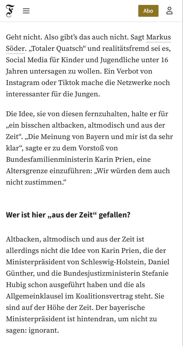 sarfeld's tweet photo. Von Australien 🇦🇺 und @PrienKarin lernen: Ein Social Media - Verbot für Kinder wirkt.
„Der bayerische Ministerpräsident (@Markus_Soeder) ist hintendran, um nicht zu sagen: ignorant“ - Michael #Hanfeld @faznet hat sowas von recht: „Bekommt er nicht mit, was auf den Netzwerken läuft? Wie Politik richtig handelt, zeigt #Australien. Dort werden Kinder online geschützt“.
Es gibt „keine bedeutenden technologischen Hindernisse“, um zu verhindern, dass unter Sechzehnjährige Konten in den sozialen Medien erhalten“, belegt eine Studie von des „Age Assurance Technology Trial“ im Auftrag der australischen Regierung @ausgov @AlboMP.
@MichaelHanfeld #SocialMedia #Verbot #Kinder #AgeAssurance
@bmftr_bund @bmjv_bund #Prien #Hubig #Günther #Söder @Land_SH
https://t.co/6boMGFA1ta