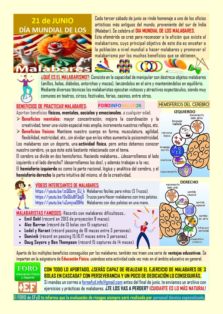 Acabamos este 21 de junio recordando que también es el Día Mundial del Malabarismo 🤹‍♀️
Con FOROINFOSALUD26 te informamos de esta práctica 🔝 Además, puedes llevarte un regalo 🎁.
¿CUÁNDO FUE LA ÚLTIMA VEZ QUE HICISTE ALGO SALUDABLE POR PRIMERA VEZ? 💓