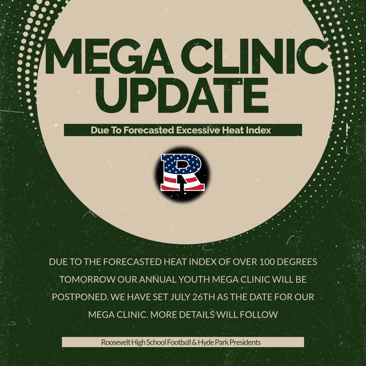 Due to the forecasted heat index tomorrow of over 100 degrees we will be POSTPONING our Mega Clinic until July 26th. Looking forward to seeing you all then! <a href="/athleticshpcsd/">Hyde Park Athletics</a> <a href="/pjsports/">Poughkeepsie Journal Sports</a> <a href="/DR_P_Roman/">Dr. Pedro Roman</a>