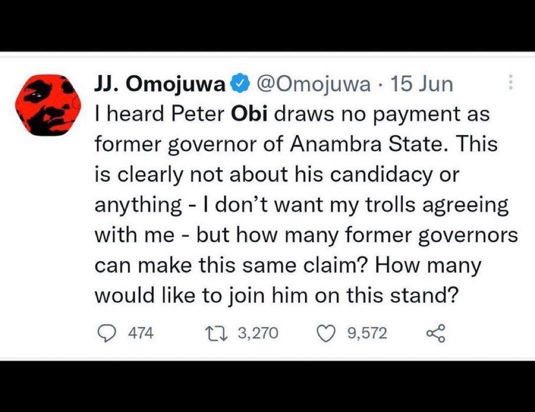 The NUMBER ONE REAAON I will always support Peter Obi to be President of Nigeria is simply because HE IS NOT GREEDY.

Everyone in the Agbado camp knows this and a special thank you to Omojuwa for stating this fact.

At this stage, Nigeria needs a prudent leadership and Peter Obi