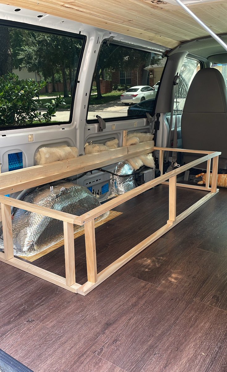 I finally built my box frame for my pullout couch-bed in the van. I put it together a few days ago but realized it was too high for me to sit on without hitting my head. So I had to chop a few inches off the legs and reinstall them. It’s still a little too tall, but honestly I’m