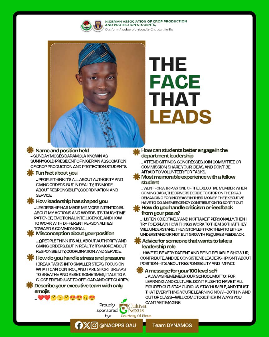 nacpps34874's tweet photo. 🌴NIGERIAN ASSOCIATION OF CROP PRODUCTION AND PROTECTION STUDENTS🌴
Obafemi Awolowo University Chapter, Ile-ife.

              THE FACE THAT LEADS✨💫

He embodies leadership, not just in title, but in action. As President, he represents strength, service, and to the people https://t.co/QQFThGQu4t