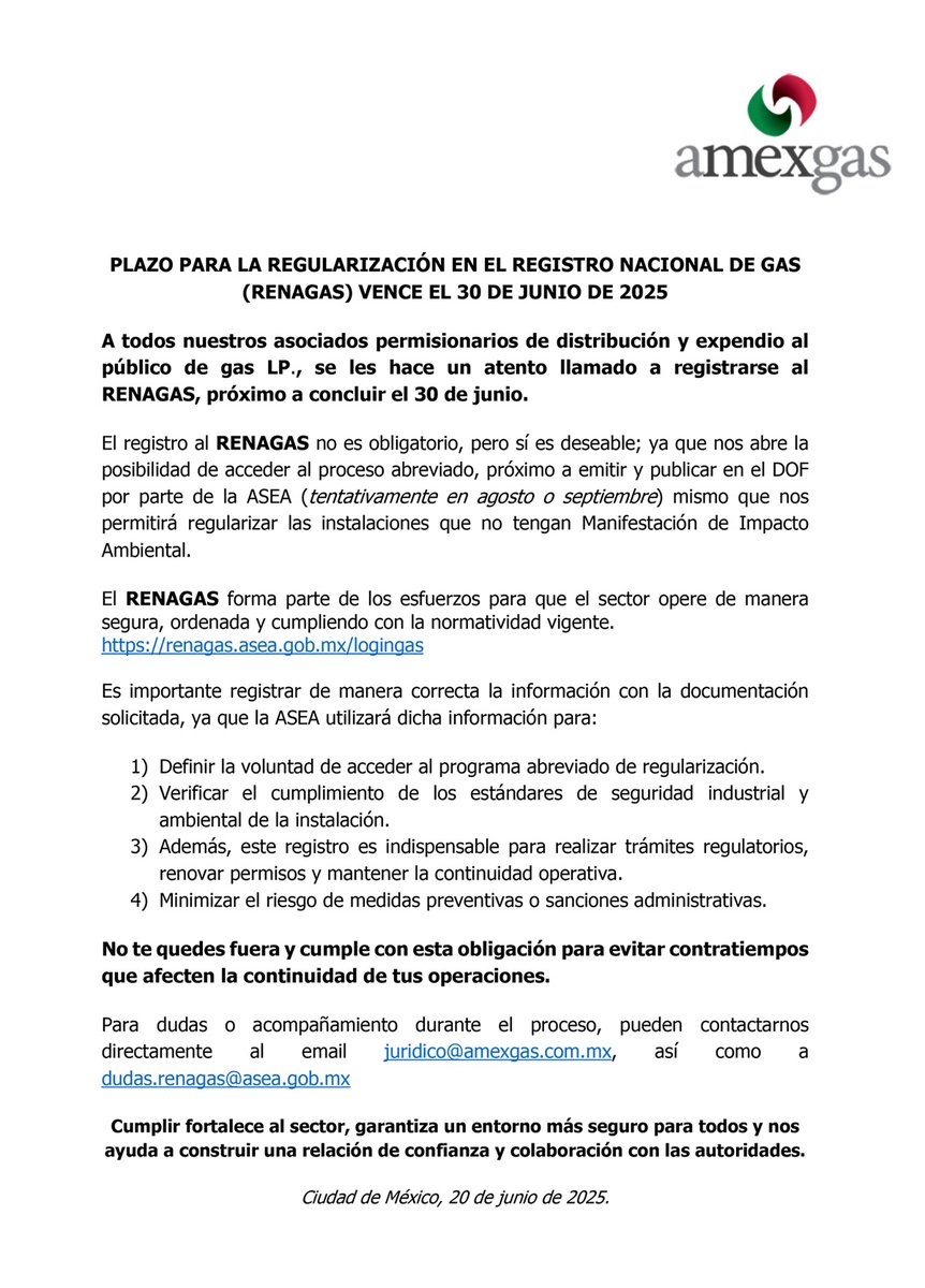 🎯 ¿Ya tienes tu registro RENAGAS? 👀 Lee nuestro comunicado para más información.

⏳ El 30 de junio es la fecha límite.

📌 #RENAGAS #GasLP #NormativaAmbiental <a href="/agencia_asea/">ASEA</a>  <a href="/ADIGAS_MX/">ADIGAS</a>  <a href="/adgaslp/">ADG</a> <a href="/RocioRoblesMx/">Rocío Robles S</a> <a href="/OcampoArmando_/">Armando Ocampo Zambrano</a>