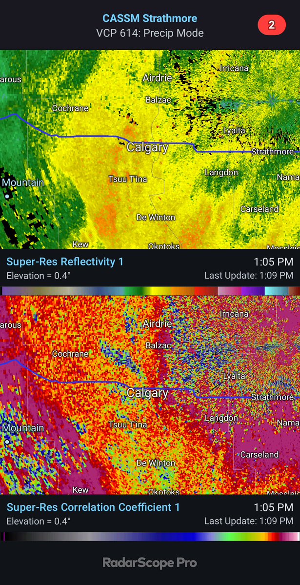 Are you getting SNOW just west of Calgary? ❄️

The radar bright band is showing up over the area as evaporative cooling brings the freezing level down. 

Could we see summer flakes getting into the western half of the city? #yyc #abstorm