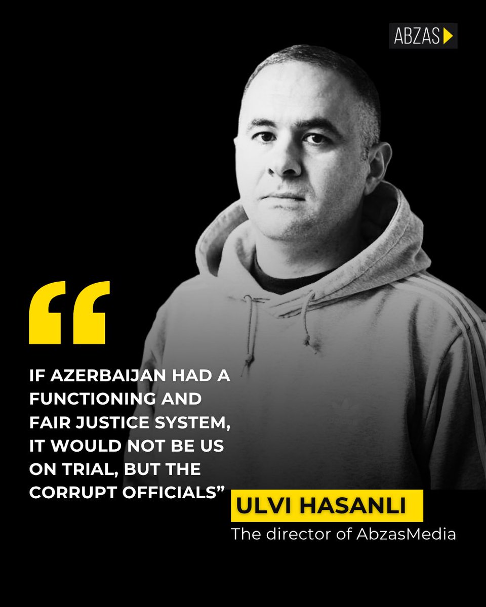 FreeAbzasMedia's tweet image. On June 20, at the latest hearing in the Abzas Media case, the outlet’s imprisoned director, Ulvi Hasanli, delivered his final statement.
He was later sentenced to nine years in prison.
The full text of Ulvi Hasanli’s final statement: shorturl.at/CMive