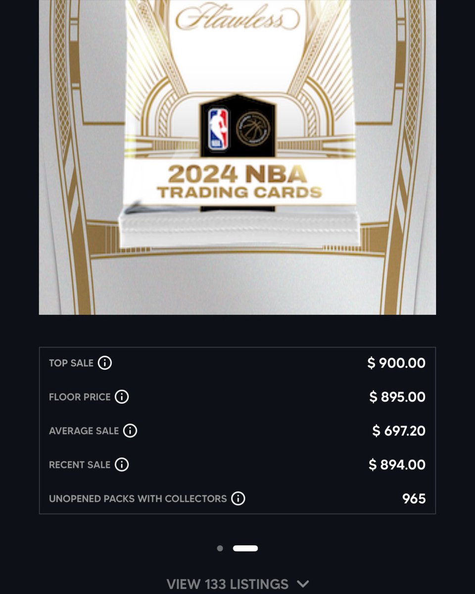 Flawless NBA Blockchain sealed packs have decreased under 1000 (965 to be precise).

87 packs away from $1k pack floor at the time of writing.

133 / 965 = 13.8% of remaining packs listed.

292 packs have sold higher than $750 (with release price at $250) on the secondary market.
