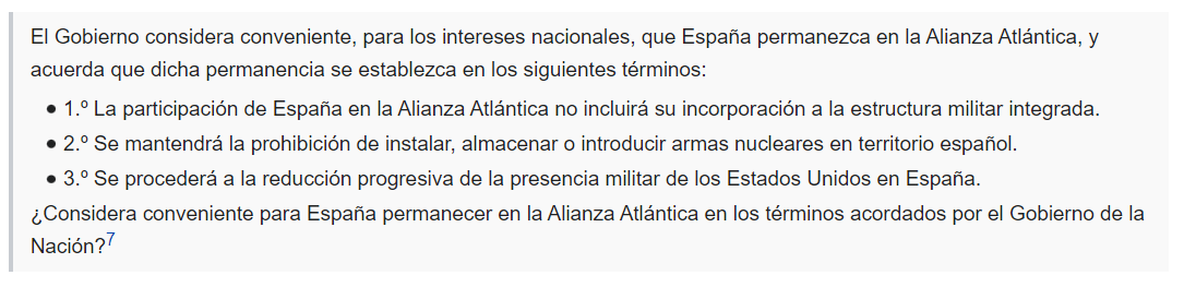 Nunca he oído ni leído esto en medios ni partidos:

3 condiciones hubo para la permanencia de España en la OTAN. Las 3 llevan décadas incumpliéndose.