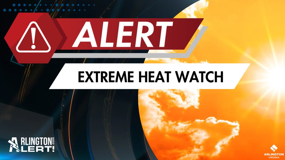 Arlington County is under an Extreme Heat Watch on Monday, June 23, from morning until evening hours. Expect temperatures to feel like up to 110 degrees, possibly leading to heat-related illness. Learn more &amp; find free County locations to keep cool: arlingtonva.us/extremeheat.