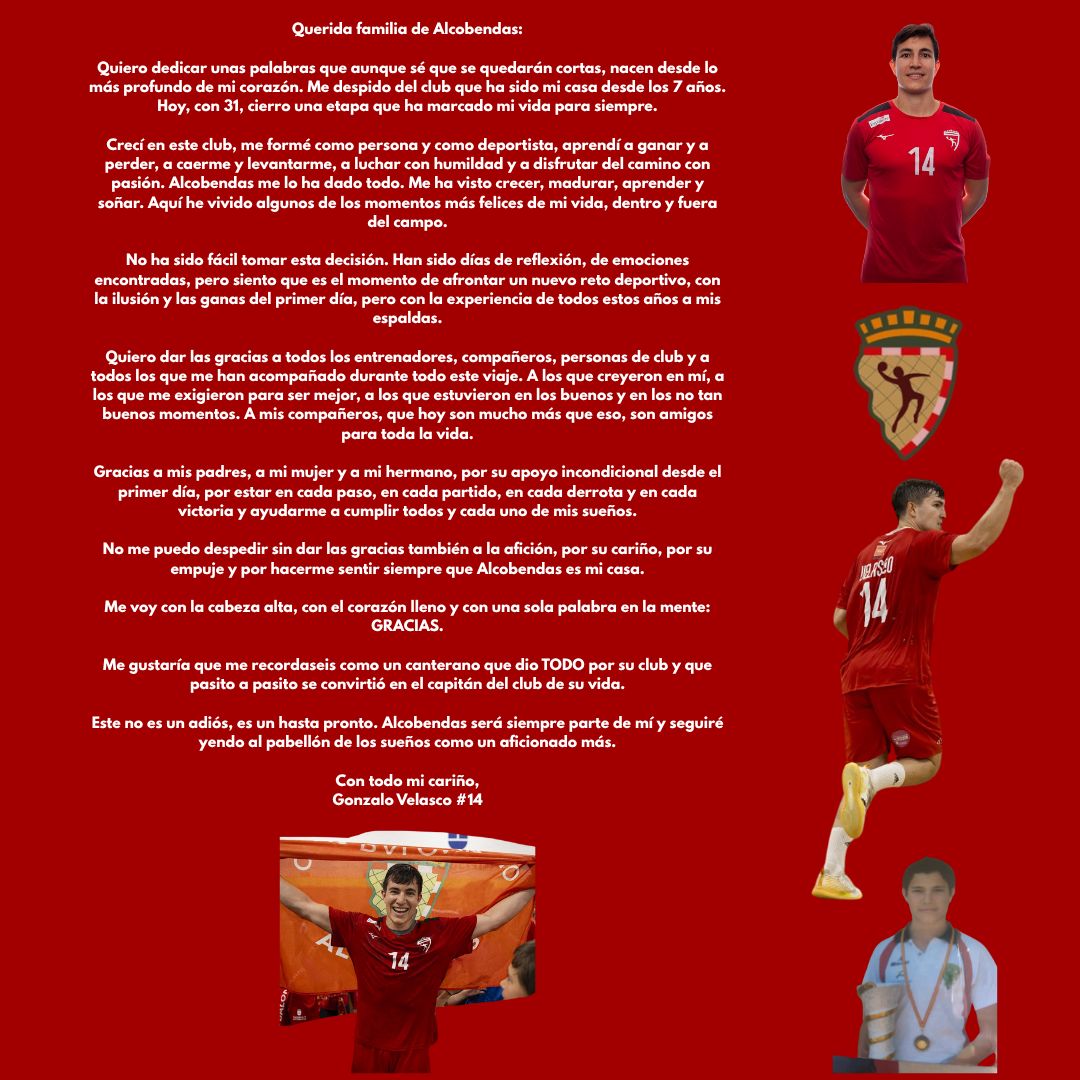 👋 GRACIAS, GONZALO 🔴⚫

Después de toda una vida en el Club, nuestro capitán <a href="/gonzavelasco/">Gonzalo Velasco</a> cierra una etapa inolvidable para afrontar un nuevo reto en ASOBAL

Nos deja una trayectoria ejemplar, un legado imborrable y una carta que emociona a cualquiera

Gracias por TODO Gonzalo