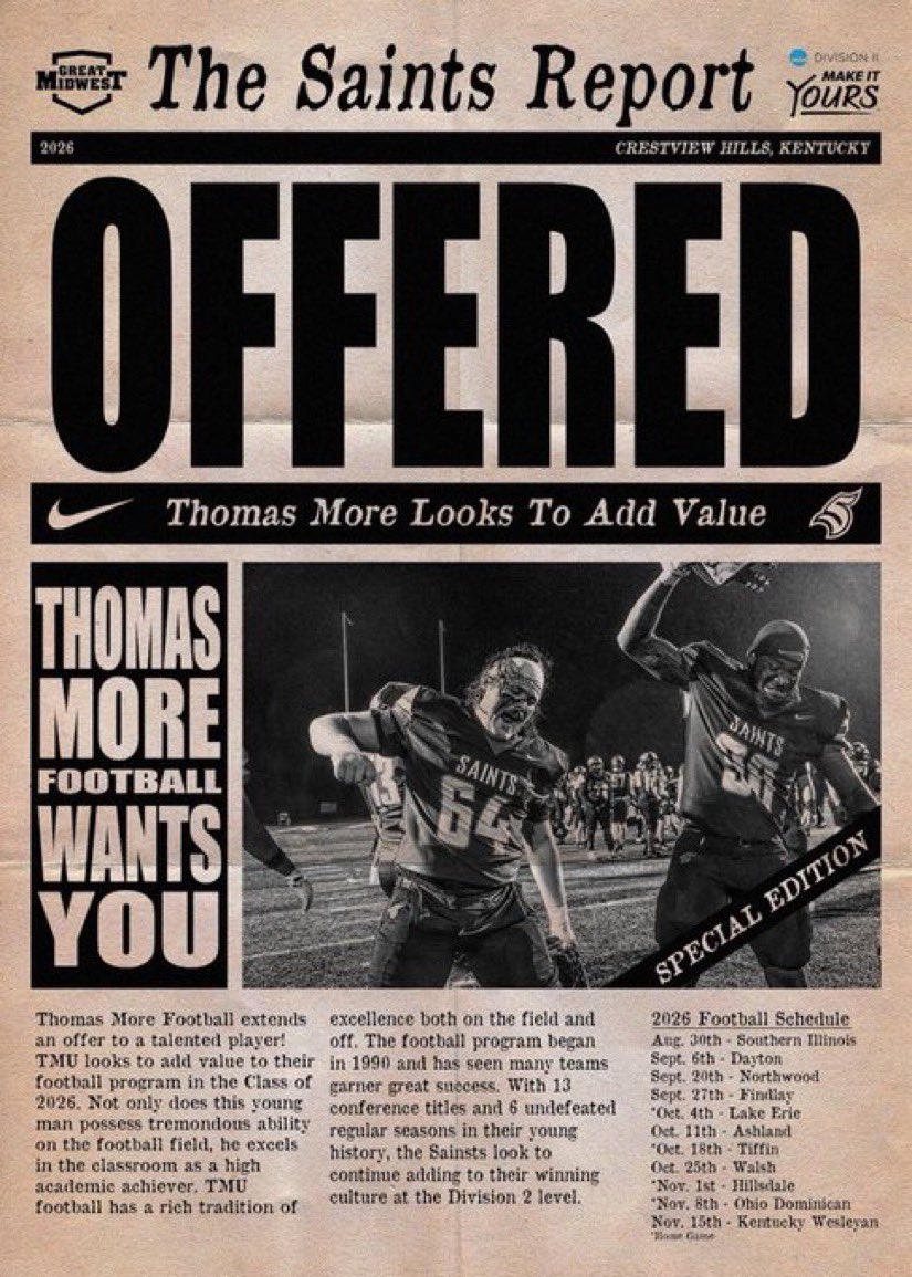 Gabriel Noyola (@gabrielnoyola14) on Twitter photo Extremely blessed to announce I have received my 3rd OFFICIAL Offer from Thomas More University!!💙 #AGTG Thank you so much <a href="/DerekBurnett13/">Derek Burnett</a>
<a href="/CoachCostello/">Dillon Costello</a> <a href="/CoachBZink/">Brad Zink</a> <a href="/CoachNorwell/">Chris Norwell</a> <a href="/TMU_Football/">Thomas More Football</a>
<a href="/estes_coach/">Coach Dale Estes</a> <a href="/zijawarrior2/">Herb Wiseman</a> <a href="/keegandaniel6/">keegan daniel</a> <a href="/_mikegriffiths/">Mike Griffiths</a> <a href="/Cville_Ath/">CHS Eagles</a> Extremely blessed to announce I have received my 3rd OFFICIAL Offer from Thomas More University!!💙 #AGTG Thank you so much <a href="/DerekBurnett13/">Derek Burnett</a>
<a href="/CoachCostello/">Dillon Costello</a> <a href="/CoachBZink/">Brad Zink</a> <a href="/CoachNorwell/">Chris Norwell</a> <a href="/TMU_Football/">Thomas More Football</a>
<a href="/estes_coach/">Coach Dale Estes</a> <a href="/zijawarrior2/">Herb Wiseman</a> <a href="/keegandaniel6/">keegan daniel</a> <a href="/_mikegriffiths/">Mike Griffiths</a> <a href="/Cville_Ath/">CHS Eagles</a>