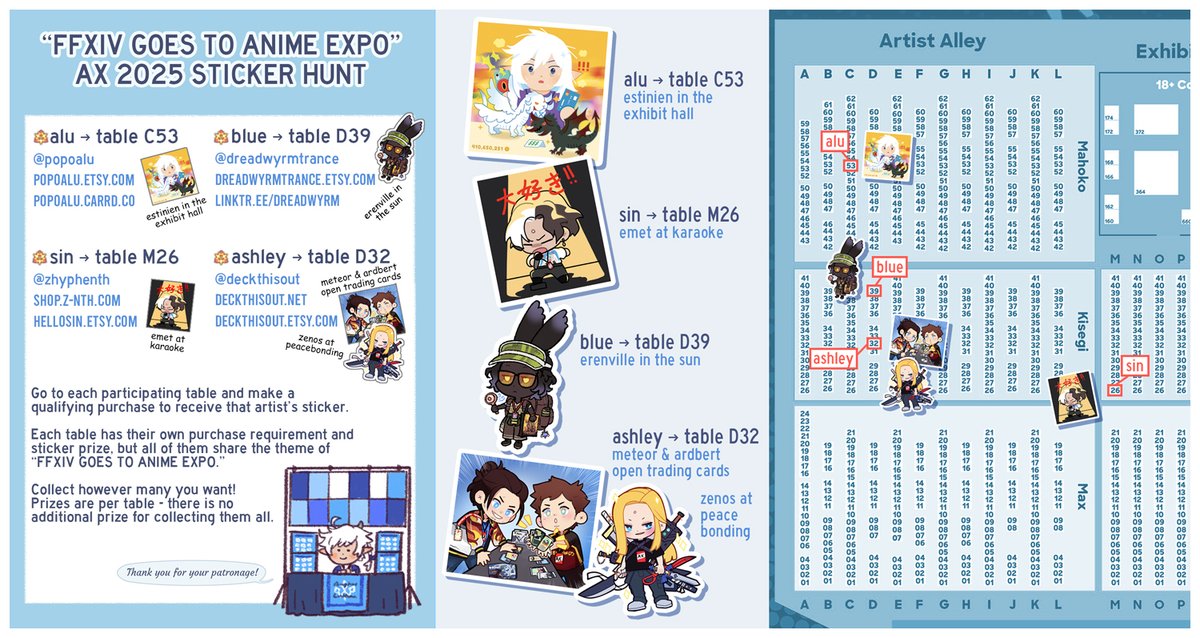 ffxiv sticker hunt for AX 2025
artists: <a href="/popoalu/">alu✨ALA Exhibitors 316</a> <a href="/zhyphenth/">sin @ anime impulse dallas!</a> <a href="/deckthisout/">ashley! 🩵 colossalcon north aa + STORE SALE 🩵</a> and me

stickers themed around xiv characters attending AX. go to each participating table and make a qualifying purchase to receive our sticker. collect 1 or a few or all as you like!
#AXArtistAlley2025