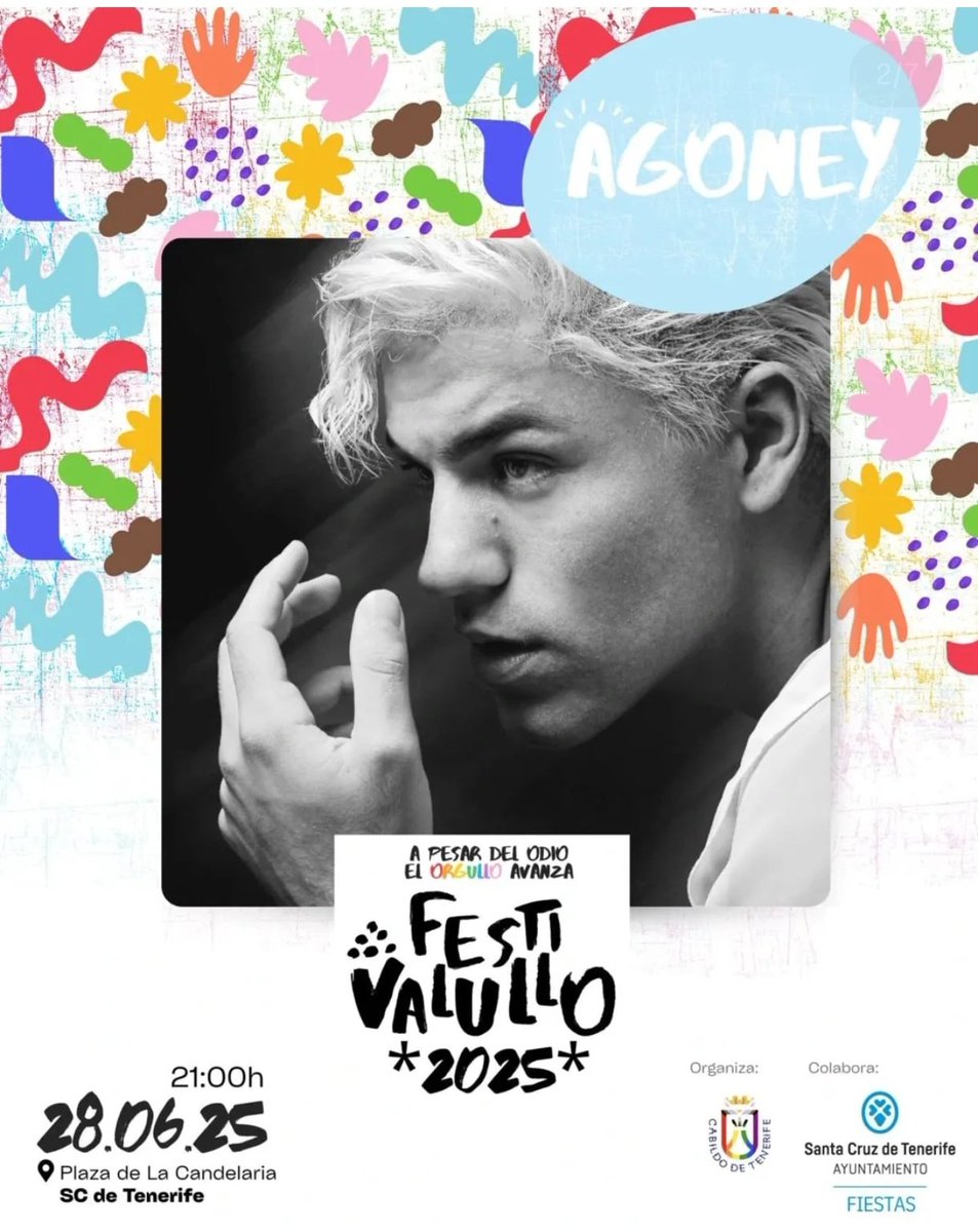 Aún con la resaca del cierre de gira de ayer de Agoney en la Sala Movistar Arena, me emociona mostrarles el cartel del día del orgullo en Tenerife 🏳️‍🌈

🗓️ Sábado 28
⏱️ 21:00
📍Plaza La Candelaria