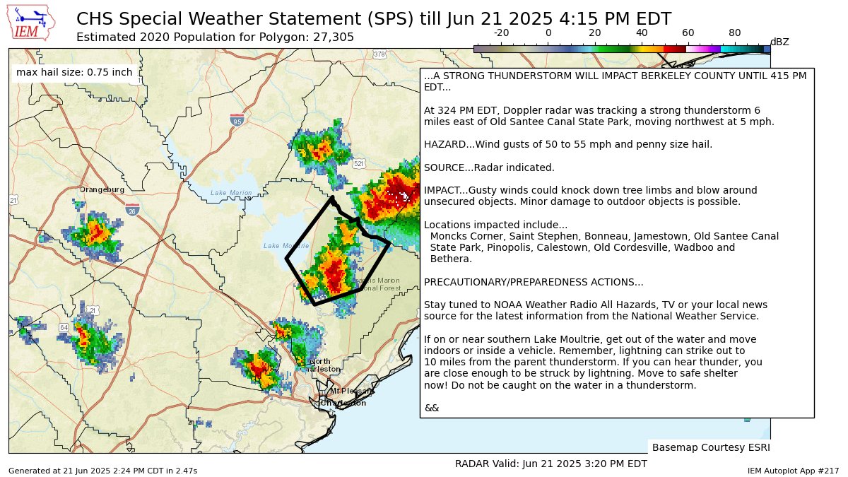 A STRONG THUNDERSTORM WILL IMPACT BERKELEY COUNTY UNTIL 415 PM EDT [hail: 0.75 IN] for Inland Berkeley [SC] mesonet.agron.iastate.edu/p.php?pid=2025…