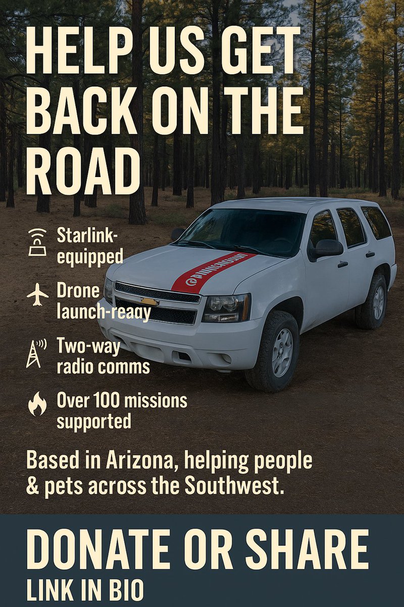 EricNeitzel's tweet image. Wings of Help: 52% funded!
🚨 Our mission vehicle is down. While searching for a missing dog near Mormon Lake, our Tahoe suffered a catastrophic engine failure. We need your help to get back in the field. 🛠️
💸 Donate: zeffy.com/fundraising/su…
#DronesForGood #SearchAndRescue…