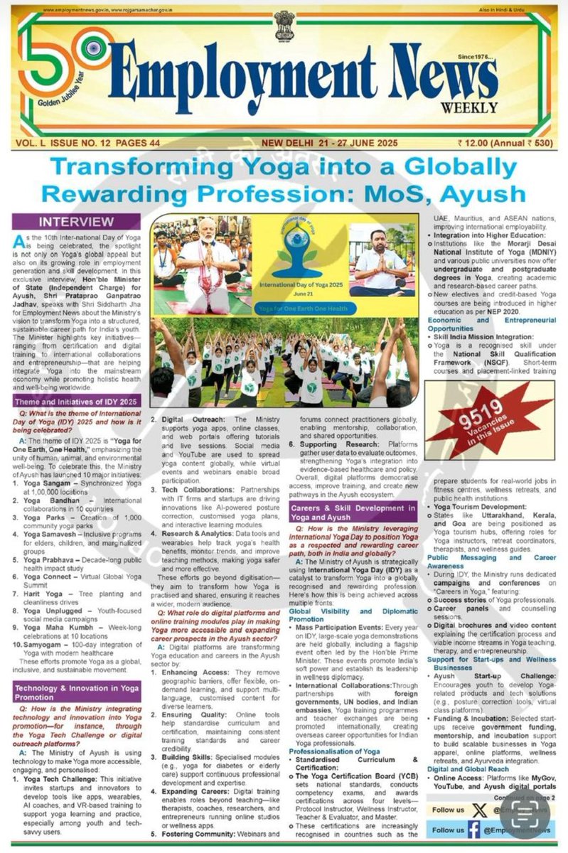 As shared by MoS #Ayush in #EmploymentNews, India’s #Yoga diplomacy now intersects with global #skill standards, #health missions, and cross-border certifications—making Yoga a credible, exportable #Professional rooted in both #wellness &amp; #innovation.
#OneEarthOneHealth
