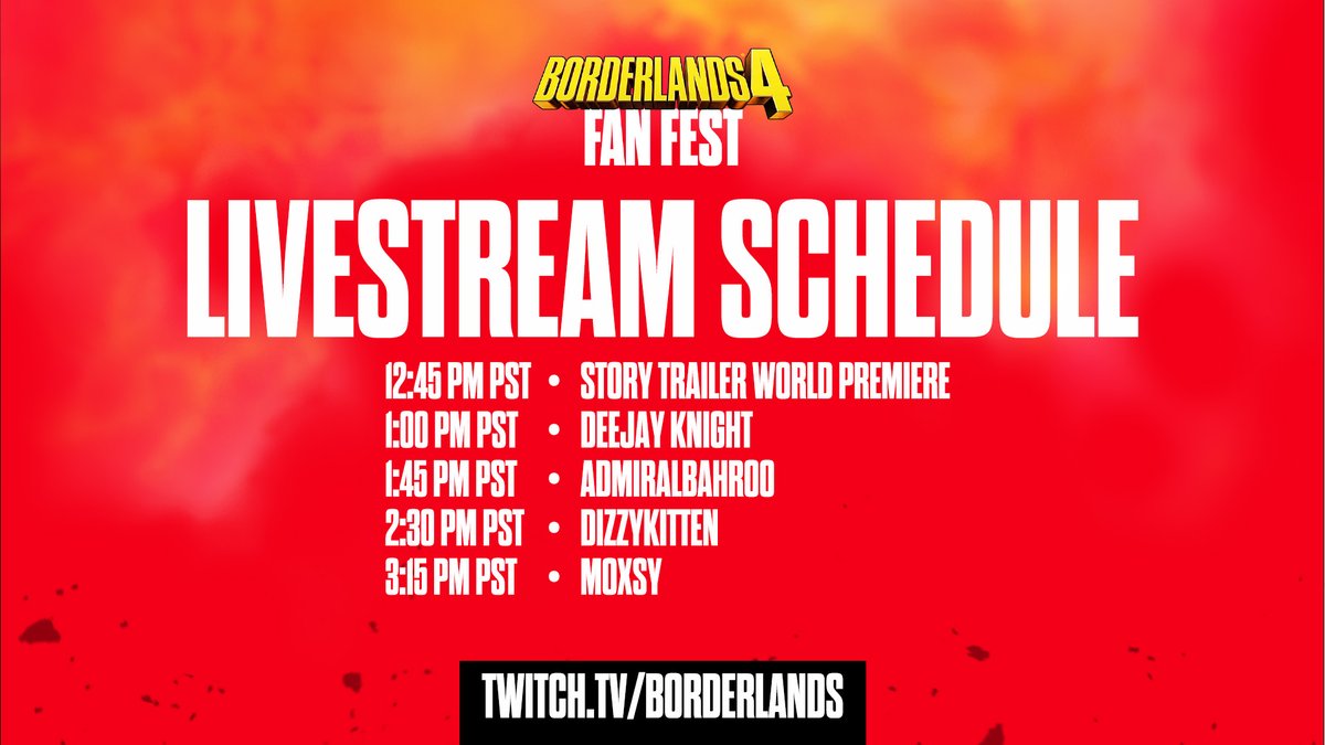 The #BorderlandsFanFest Livestream and Official Story Trailer World Premiere start SOON! 🍿

👉 2kgam.es/43ULz7N 👈

Stick around after, meatheads!! We're featuring community co-streamers all afternoon and showing off *checks notes* SICK GAMEPLAY.