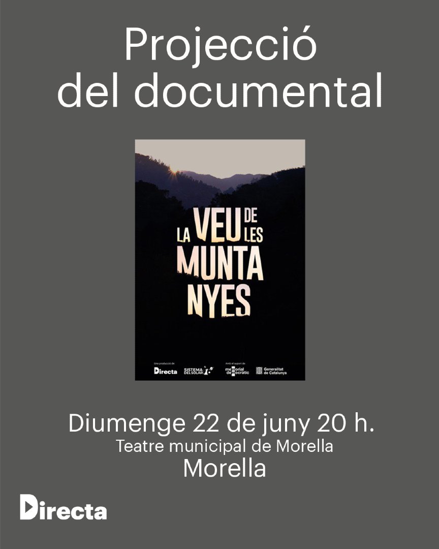 La_Directa's tweet photo. #DocsDirecta | 'La veu de les muntanyes' rescata de l’oblit crims que va cometre la Guàrdia Civil del franquisme contra qui col·laborava amb la guerrilla maqui en el període 1945-1951 a les comarques de Castelló.

📅 Diumenge 22 de juny a les 10 h. al teatre Municipal de Morella. https://t.co/SkfXTQSP8G