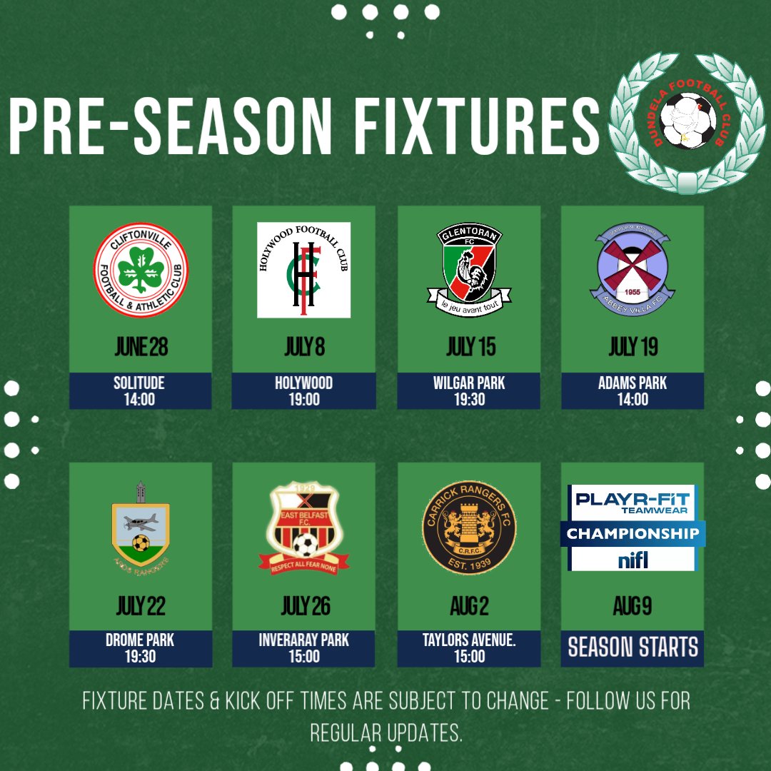 𝙋𝙍𝙀- 𝙎𝙀𝘼𝙎𝙊𝙉 𝙎𝙏𝘼𝙍𝙏𝙄𝙉𝙂 𝙎𝘼𝙏𝙐𝙍𝘿𝘼𝙔:

We start our pre-season campaign this saturday as we take on Cliftonville at Solitude.

 #UpTheDuns🐔🟢⚪️