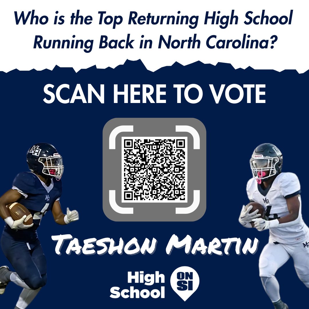 Keep the votes coming!! SI wants to know who is the best RB in NC!!  You can vote at the link below or the QR code!!

si.com/high-school/no…

You can also vote multiple times!!

Let’s make sure they know that WE have the best RB in NC 🏈Taeshon Martin🏈!!  Voting ends July 6th!