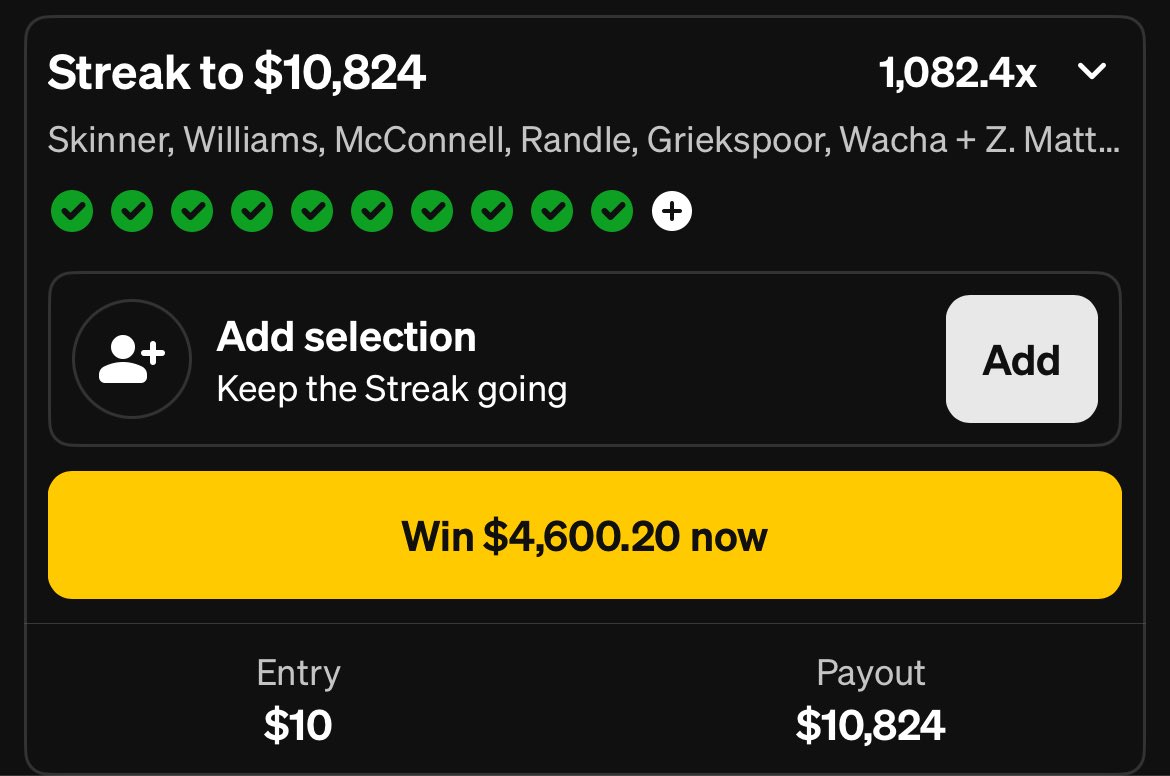 FINAL STREAK PLAY UPDATE ‼️💥🔥

So I talked to underdog chat and they said I need to lock in a play before midnight tomorrow! I’ve been looking for value 24/7 but can’t seem to find anything right now. 

Let’s hope something pops up before then! Have you notifications on if you
