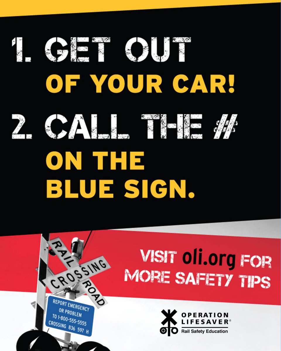olinational's tweet photo. Do you know what to do if your car gets stuck on train tracks?

Get out! Get Away! 
Call the # on the Blue and White ENS sign
No sign? Call 911

Visit https://t.co/m54vIjQMYy for more information and safety tips. 

#ENSSignAwarenessDay #ENS #ENSSign #FindTheSign https://t.co/X14uw7fZ0Q