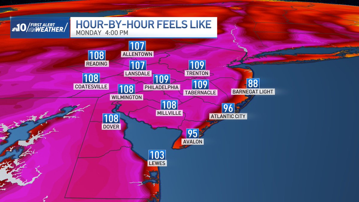 Justin Godynick NBC10 (@jgodynick) on Twitter photo FEELS LIKE for Monday, actual air temperature around 100. If we hit 100 at PHL would be the first time since 2012. <a href="/NBCPhiladelphia/">NBC10 Philadelphia</a> FEELS LIKE for Monday, actual air temperature around 100. If we hit 100 at PHL would be the first time since 2012. <a href="/NBCPhiladelphia/">NBC10 Philadelphia</a>