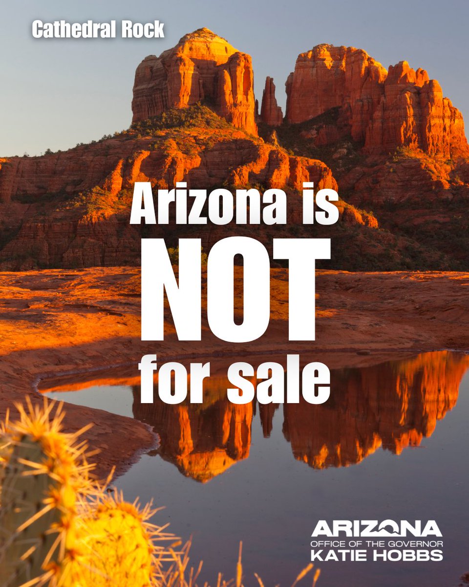 GovernorHobbs's tweet image. The plan to auction off 14 million acres of public land from Mt. Lemmon to Sedona is reckless and wrong.ย
These lands belong to people, not corporations.ย
I strongly oppose auctioning off Arizonaโs public lands to the highest bidder. This land grab will prevent us and ourโฆ