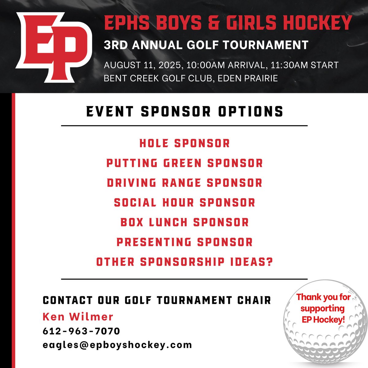 EPHS Boys Hockey (@epboyshockey) on Twitter photo DON’T MISS OUT‼️ Spots are filling up so register today for the 3rd Annual EPHS Boys & Girls Hockey Golf Tourney on Mon, Aug 11 at Bent Creek Golf Club. Proceeds support both teams this season!
🎟️epboyshockey.com/page/show/7435…
❓eagles@epboyshockey.com
Go Eagles‼️🦅 DON’T MISS OUT‼️ Spots are filling up so register today for the 3rd Annual EPHS Boys & Girls Hockey Golf Tourney on Mon, Aug 11 at Bent Creek Golf Club. Proceeds support both teams this season!
🎟️epboyshockey.com/page/show/7435…
❓eagles@epboyshockey.com
Go Eagles‼️🦅