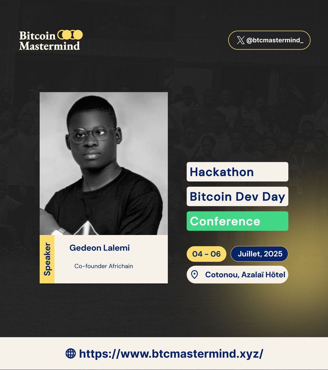 🎤 Annonce Speaker – BMM2025
<a href="/GdonLalemi/">GED 🔶</a> rejoint la scène de Bitcoin Mastermind 2025 !

Entrepreneur web3, cofondateur d’Africhain, Binance Angel et Ambassadeur Trust Wallet, il œuvre pour une adoption active de la blockchain en Afrique.