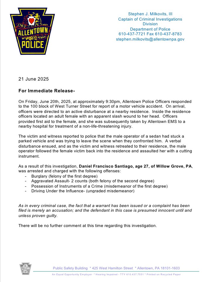 MEDIA RELEASE: Felony Arrest
#AllentownPolice
