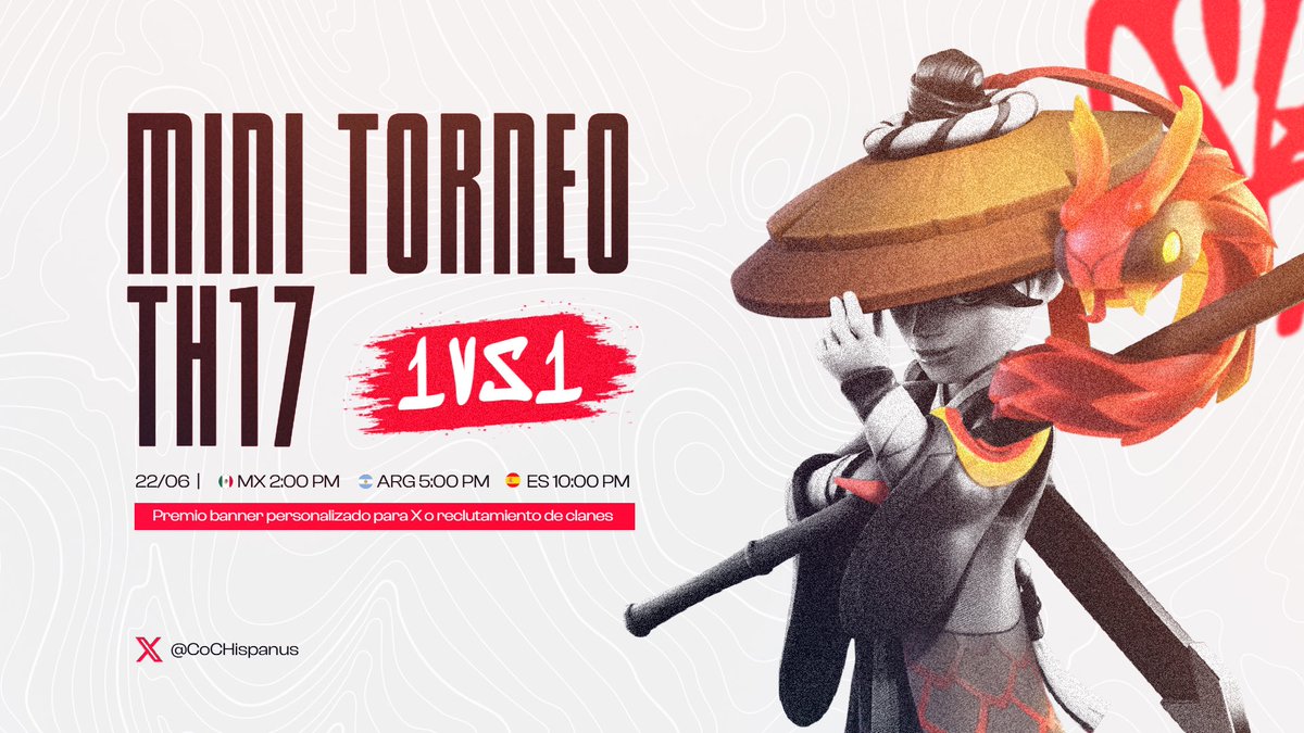 🎯Mini Torneo TH17 - 1v1 🎯

🏆Premio: Banner personalizado para tu cuenta de X o reclutamiento de tu clan.

📆 Fecha: Domingo, 22 de Junio de 2025. 
⏰ Hora: 🇲🇽2:00 PM | 🇦🇷5:00 PM | 🇪🇸10:00 PM
¡No te lo pierdas!
📍Inscríbete en nuestro servidor: discord.gg/qKM6Zu4rHU