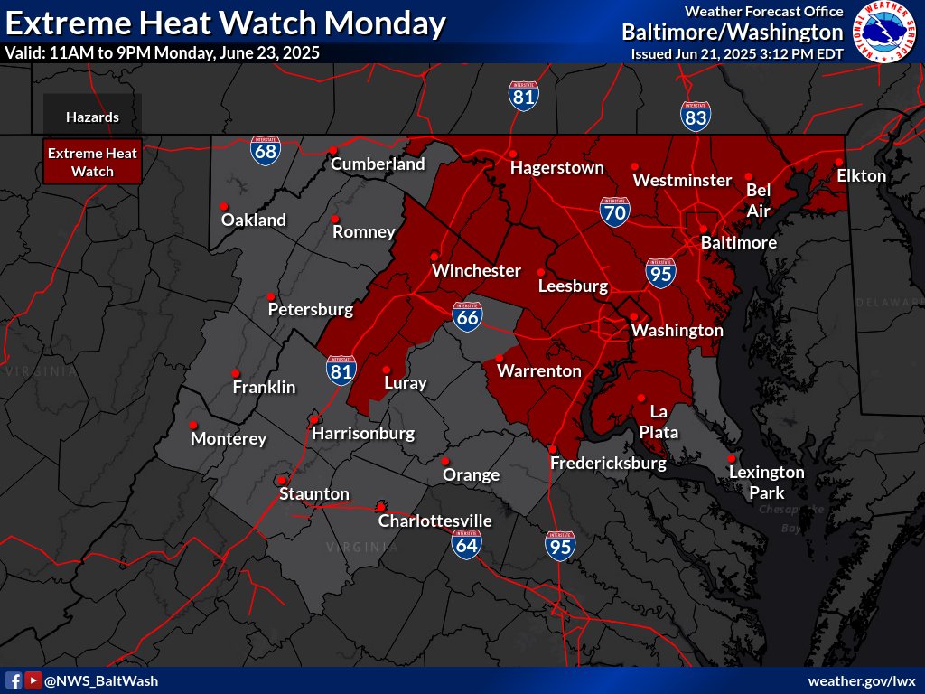 A prolonged period hot &amp; humid conditions begins Sunday and persist through at least Thursday. Heat indices of 100-110 are likely each day. 

Heat Advisory in effect Sunday &amp; an Extreme Heat Watch in effect Monday, for parts of the area. Find the latest at weather.gov/lwx