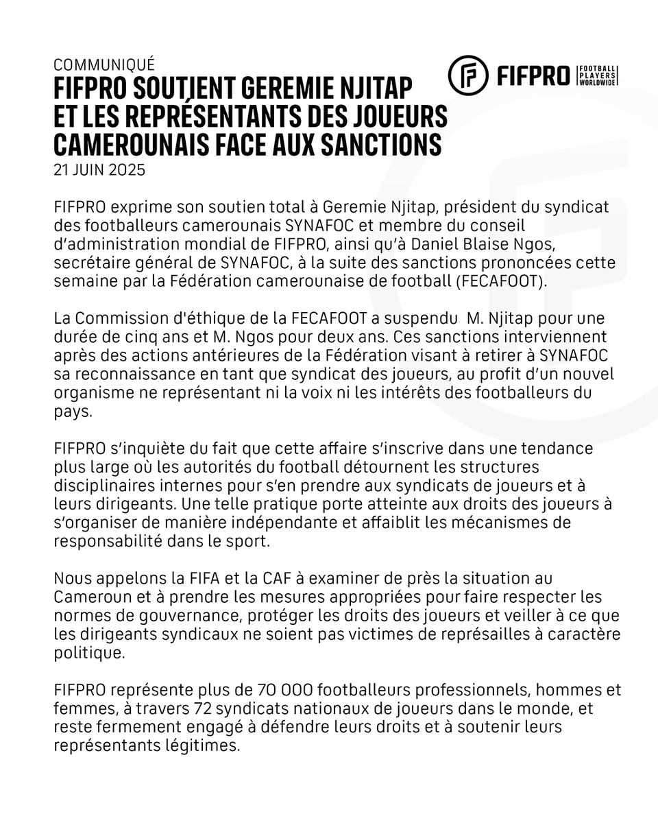 UFCongo (@ufcongo) on Twitter photo À la suite des sanctions prononcées par la <a href="/FecafootOfficie/">Fecafoot-Officiel</a>: <a href="/FIFPRO/">FIFPRO</a> exprime son soutien total à Geremie Njitap, président dub <a href="/infosynafoc/">SYNAFOC_OFFICIEL</a> et à son SG #DanielBlaiseNgos Avec <a href="/UFCongo/">UFCongo</a> Avec <a href="/FIFProAfrica/">FIFPro Africa</a>, <a href="/CAF_Online/">CAF_Online</a>, <a href="/itigson/">Jacques Marcel Itiga Itiga</a>, <a href="/laguinetweete/">laguine kisangani</a> À la suite des sanctions prononcées par la <a href="/FecafootOfficie/">Fecafoot-Officiel</a>: <a href="/FIFPRO/">FIFPRO</a> exprime son soutien total à Geremie Njitap, président dub <a href="/infosynafoc/">SYNAFOC_OFFICIEL</a> et à son SG #DanielBlaiseNgos Avec <a href="/UFCongo/">UFCongo</a> Avec <a href="/FIFProAfrica/">FIFPro Africa</a>, <a href="/CAF_Online/">CAF_Online</a>, <a href="/itigson/">Jacques Marcel Itiga Itiga</a>, <a href="/laguinetweete/">laguine kisangani</a>